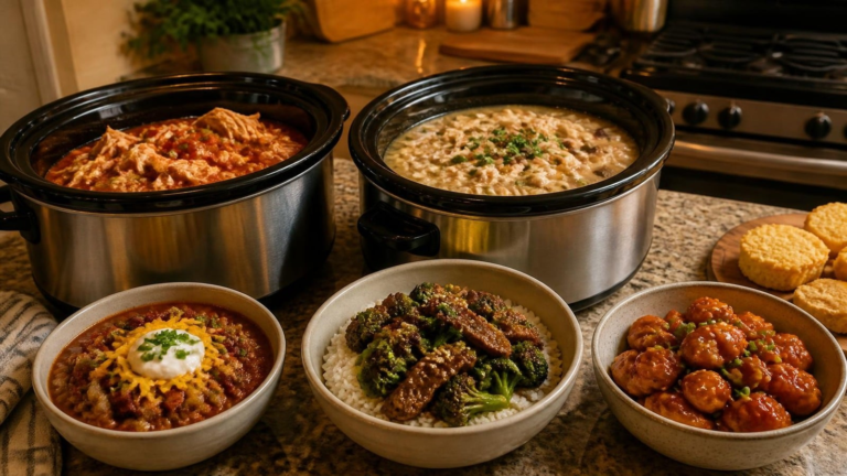 Slow cookers with salsa chicken and white chicken chili, plus bowls of turkey chili and beef and broccoli