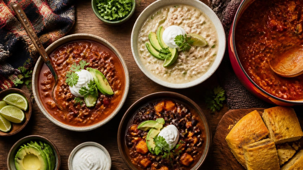 Bowls of healthy turkey chili, white chicken chili and sweet potato black bean chili