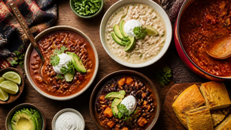 Bowls of healthy turkey chili, white chicken chili and sweet potato black bean chili