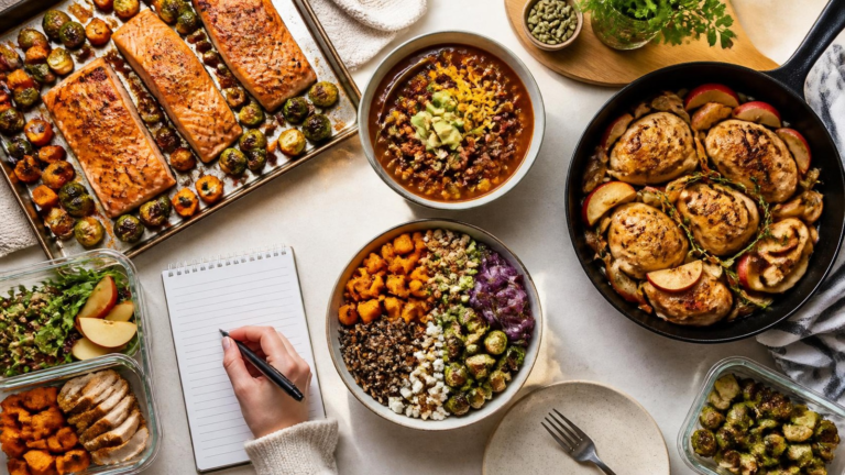 Healthy fall dinners including sheet-pan salmon, turkey chili and a roasted veggie bowl