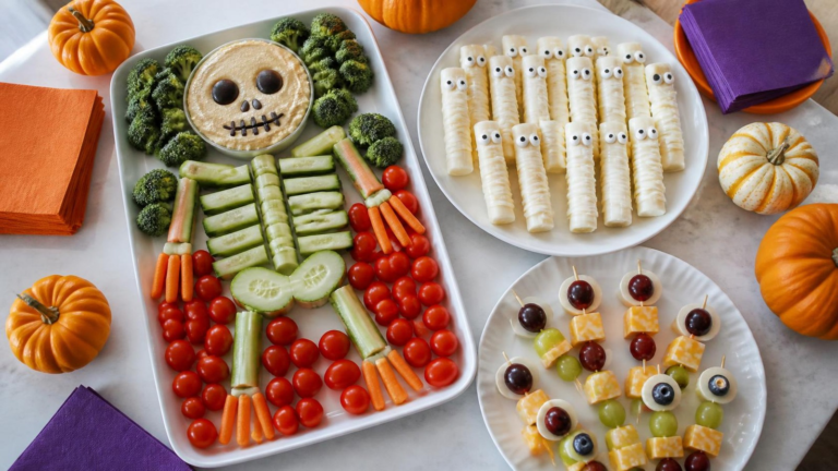Healthy Halloween snack table with a veggie skeleton tray, string cheese mummies and grape eyeball skewers