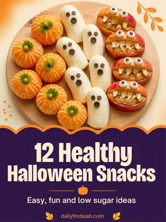 12 Healthy Halloween Snacks: easy, fun and low sugar ideas - clementine pumpkins, banana ghosts and apple monster mouths