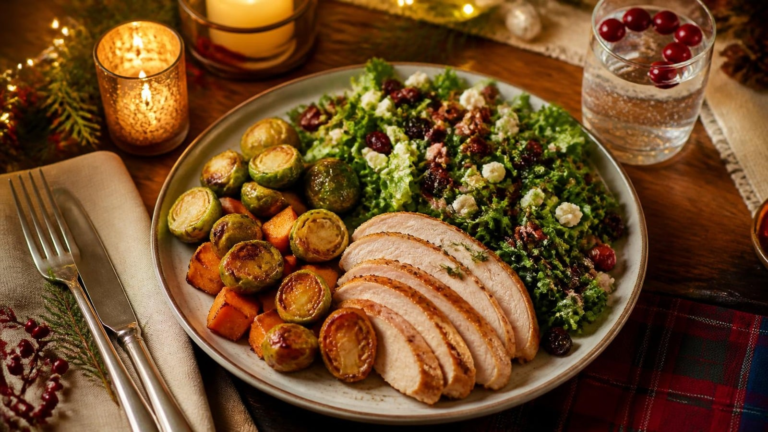 Balanced holiday dinner plate with turkey, roasted vegetables and salad