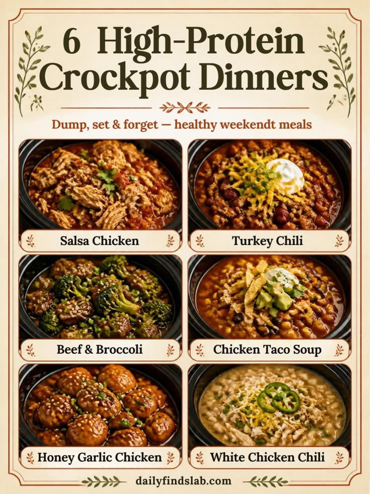 6 High-Protein Crockpot Dinners: salsa chicken, turkey chili, beef and broccoli, chicken taco soup, honey garlic chicken, white chicken chili