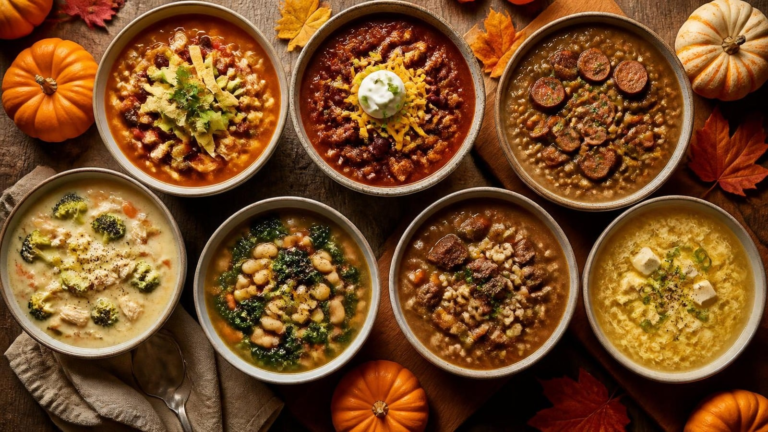 Seven bowls of high-protein fall soups on a rustic table