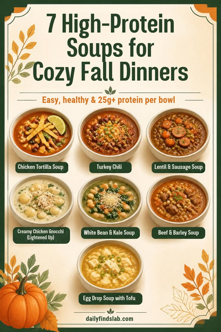 7 High-Protein Soups for Cozy Fall Dinners: chicken tortilla, turkey chili, lentil sausage, chicken broccoli, white bean kale, beef barley, egg drop