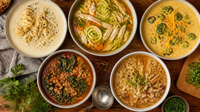 Bowls of low-carb soups including cauliflower, chicken zoodle and broccoli cheddar