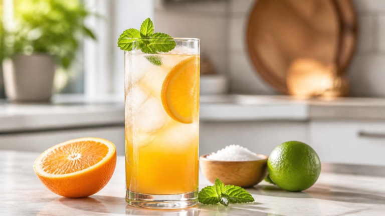 Orange and coconut water cortisol mocktail with ice, orange slice and mint