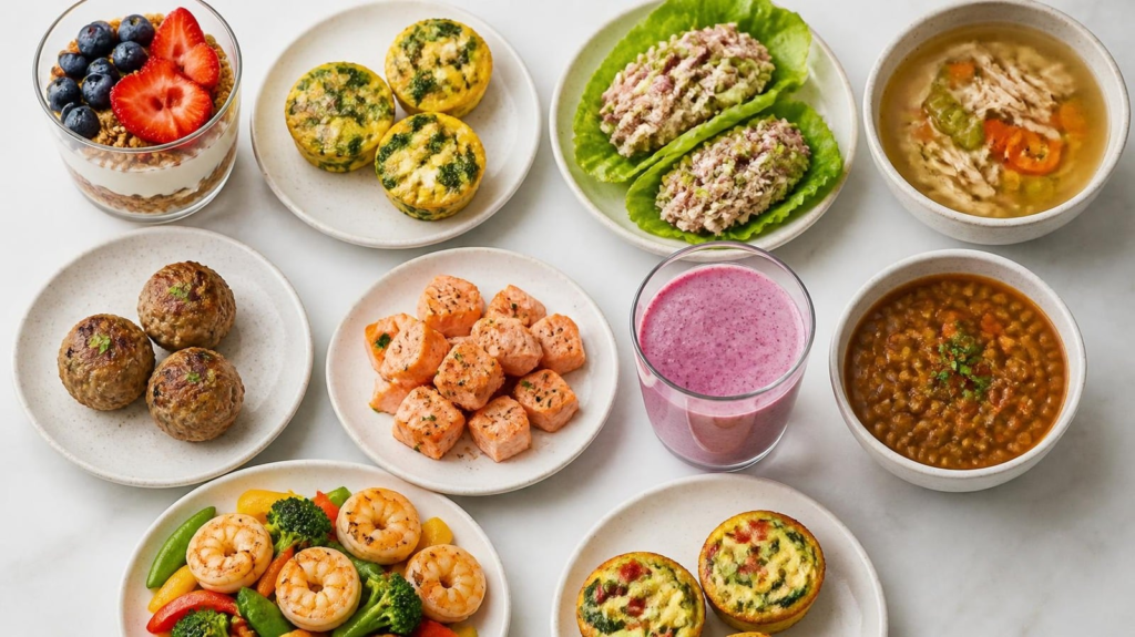 Small portions of high-protein meals including yogurt parfait, egg bites, lettuce wraps and soup